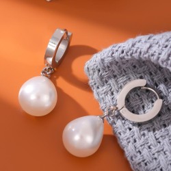 fashion concise drop Pearl titanium steel temperament lady buckle earring