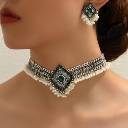 1 fashion retro rhombus diamond exaggerating necklace earring set