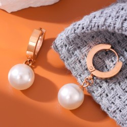 fashion concise Round Pearl titanium steel temperament lady buckle earring