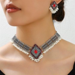 1 fashion retro rhombus diamond exaggerating necklace earring set