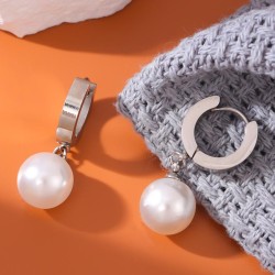 fashion concise Round Pearl titanium steel temperament lady buckle earring