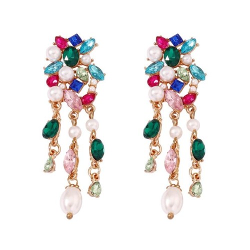 occidental style ethnic style embed Rhinestone long style colorful all-Purpose lady fashion pendant earrings