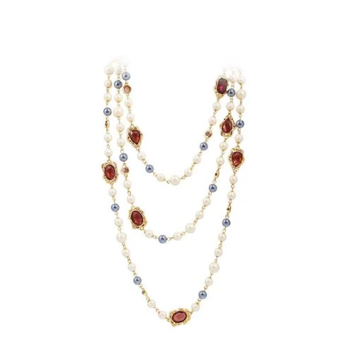 occidental style necklace retro Double layer Pearl handmade glass gem woman long necklace sweater chain samll wind