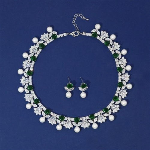  Pearl zircon flowers necklace high clavicle chain chain earrings set