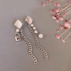rhombus Metal diamond Pearl silver ear stud chain tassel samll earrings woman ..