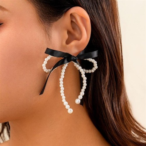 occidental style sweet belt bow ear stud woman imitate Pearl crystal tasselearrings
