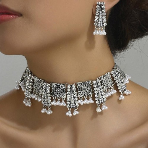 occidental style fashion  retro medium wind sector flash diamond woman necklace earring woman set