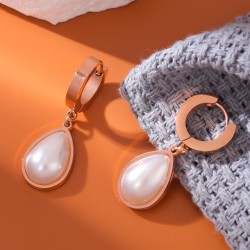 fashion concise Pearl drop titanium steel temperament lady buckle earring