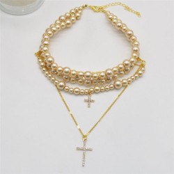 samll high Pearl Double layer necklace flash diamond cross pendant clavicle ch..