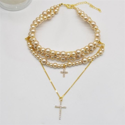 samll high Pearl Double layer necklace flash diamond cross pendant clavicle chain