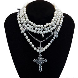 personality multilayer Pearl cross pendant necklace high clavicle chain fashio..