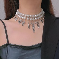 Metal pendant Double row Pearl necklace occidental style high clavicle chain f..