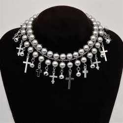 high Double layer color Pearl necklace woman diamond cross tassel chain fashio..