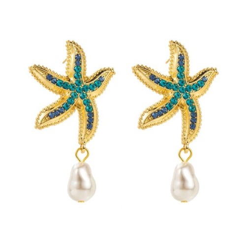 E occidental style summer Alloy diamond starfish earrings fashion wind Pearl Earring