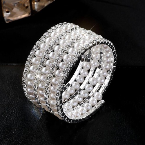 occidental style new multilayer twining Pearl bracelet bride flash diamond elasticity bangle more row Rhinest