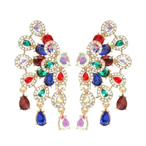 earrings occidental style claw chain earrings colorful diamond flowers ear stud woman peacock bride