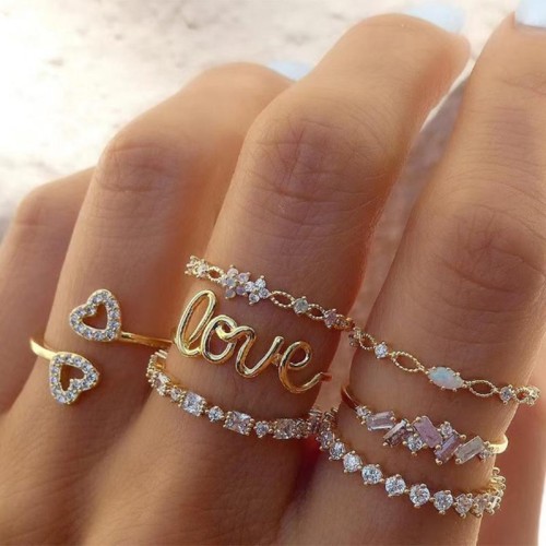  retro wind samll diamond Moon and stars  love butterfly opening ring set