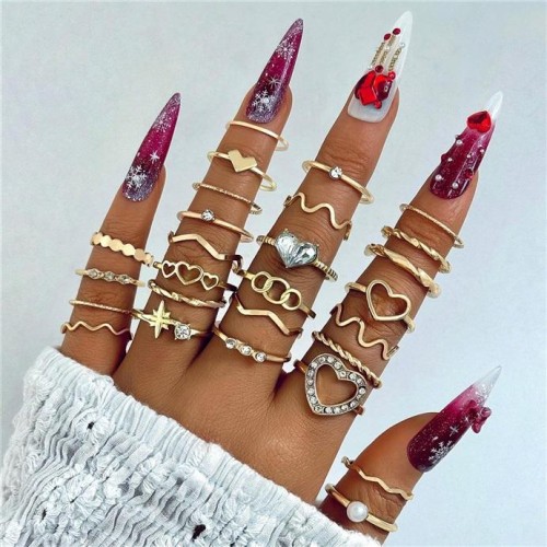 occidental style diamond love heart-shaped more ring set  samll wave ring
