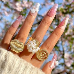 occidental style exaggerating lips imitate Pearl ring set  retro pattern gold ..