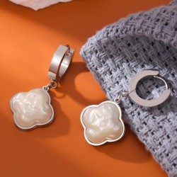 fashion concise Pearl four clover titanium steel temperament lady buckle earri..