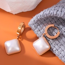 fashion concise square Pearl titanium steel temperament lady buckle earring