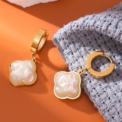 fashion concise Pearl four clover titanium steel temperament lady buckle earri..