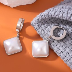 fashion concise square Pearl titanium steel temperament lady buckle earring