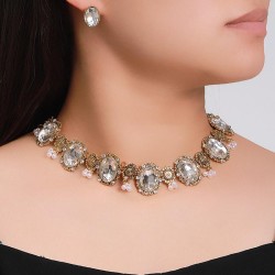 fashion retro medium noble shine gem concise short style necklace earring woma..