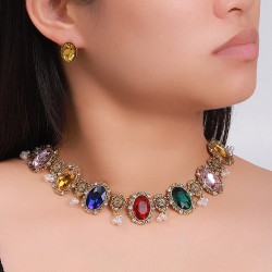 fashion retro medium noble shine gem concise short style necklace earring woma..