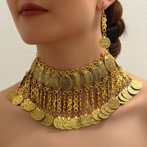 fashion retro medium wind Coin coin exaggerating temperament necklace earrings woman set