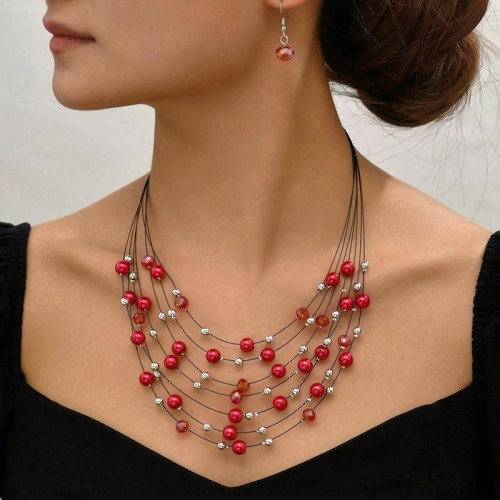 fashion concise noble wind multilayer Pearl all-Purpose temperament woman necklace earrings woman set