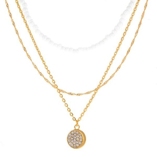 occidental style  beads chain three layer necklace  ethnic style retro zircon Moon pendant