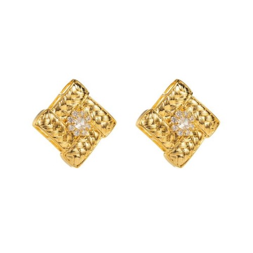 E bronze square pattern ear stud  temperament medium wind zircon geometry earrings