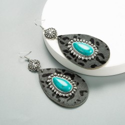 occidental style wind turquoise drop leopard leather earrings woman leopard te..