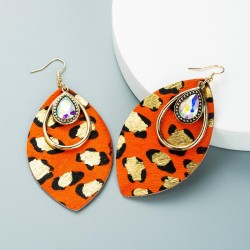 trend leopard long style leather earrings woman Alloy embed glass diamond exag..