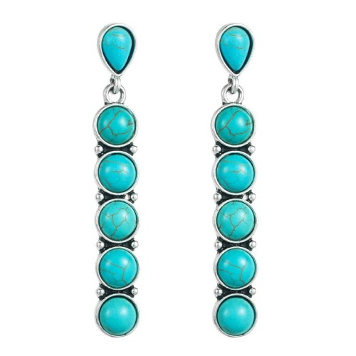 turquoise earrings woman occidental style ethnic style silver color Round stone creative long style banquet Ear