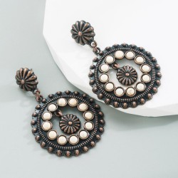 occidental style retro ethnic style turquoise earrings hollow Round pendant ex..