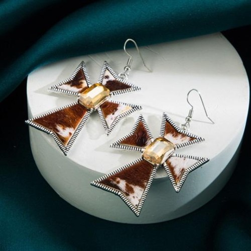 occidental style trend retro creative cross earrings woman Alloy embed glass diamond leopard leather Street Sna