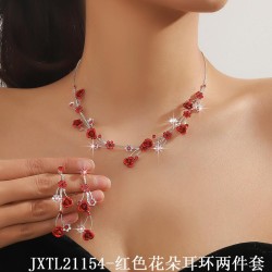  sweet rose necklace earrings Rhinestone pendant necklace ear stud set