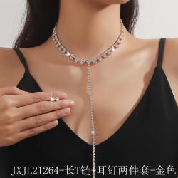   occidental style brief long Rhinestone chain all-Purpose necklace ear stud
