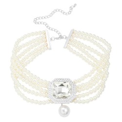 occidental style multilayer imitate Pearl necklace lady square glass diamond b..