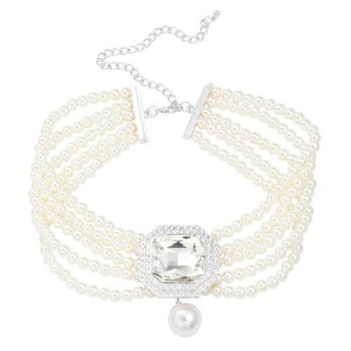 occidental style multilayer imitate Pearl necklace lady square glass diamond banquet pendant exaggerating brid