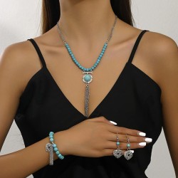 retro geometry hollow love imitate turquoise tassel earrings bracelet necklace..