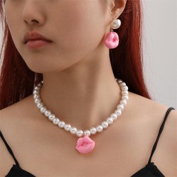  occidental style Pearl necklace lips pendant woman necklace ear stud set fash..