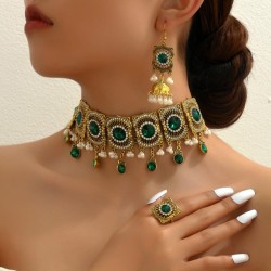 occidental style fashion concise retro Metal shine gem three necklace earrings..