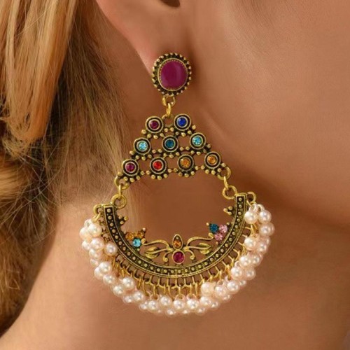 occidental style fashion Metal concise flash diamond sector Pearl temperament woman earrings