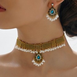occidental style fashion retro concise Metal retro drop Pearl two necklace ear..