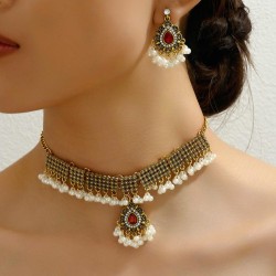 occidental style fashion retro concise Metal retro drop Pearl two necklace ear..