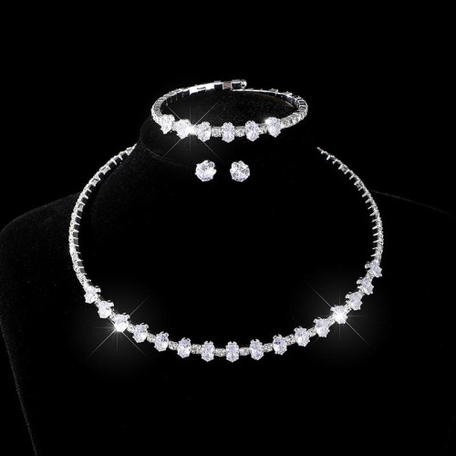 occidental style bride fully-jewelled zircon circle necklace earrings three set woman brilliant Rhinestone Collar