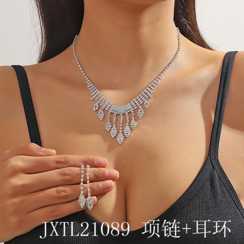  occidental style fully-jewelled tassel clavicle necklace earrings set  claw chain Rhinestone ful